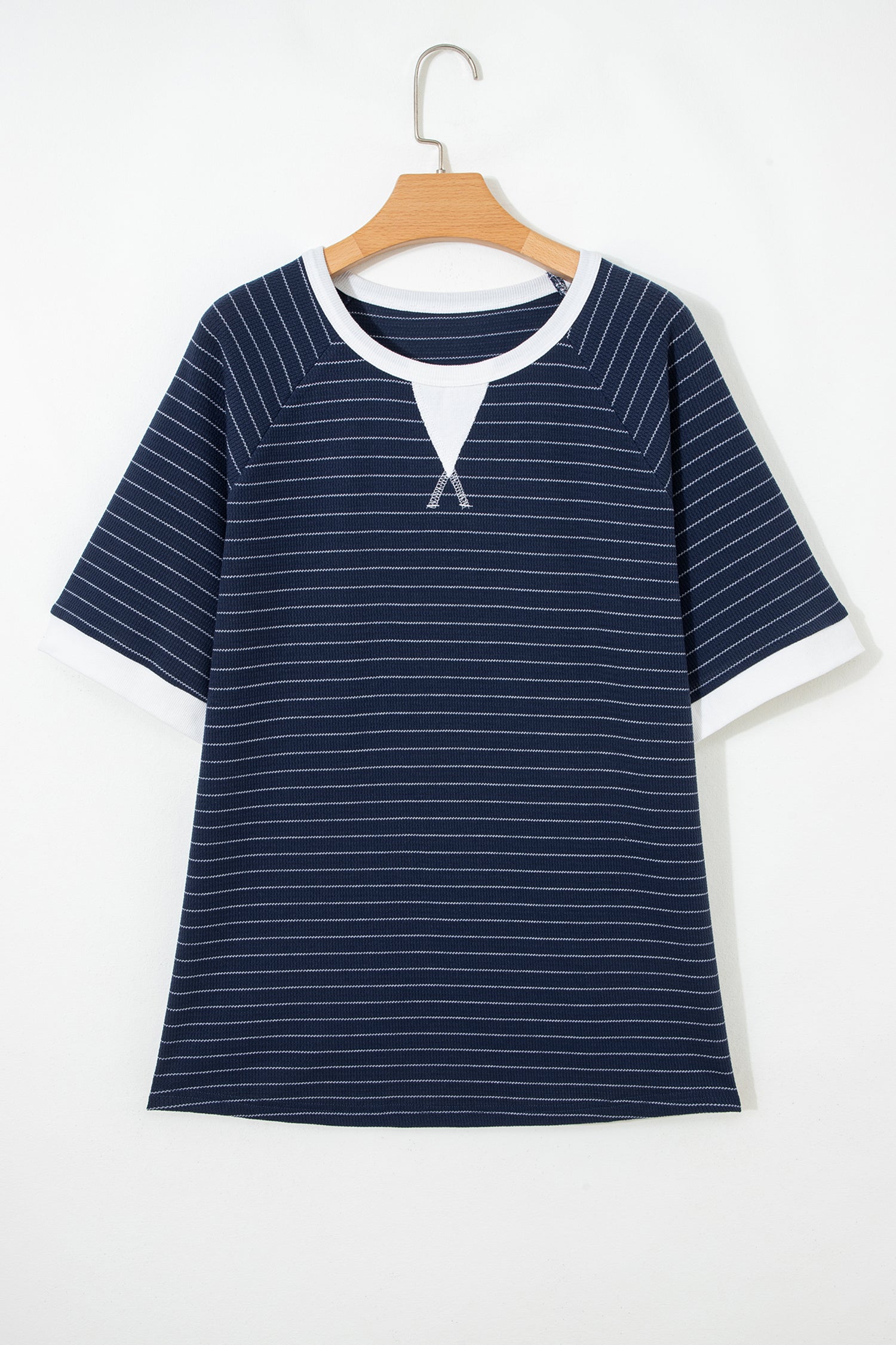 Blue Stripe Contrast Trim Plus Size Ribbed T Shirt-Plus Size/Plus Size Tops/Plus Size Tops & Tees-[Adult]-[Female]-2022 Online Blue Zone Planet