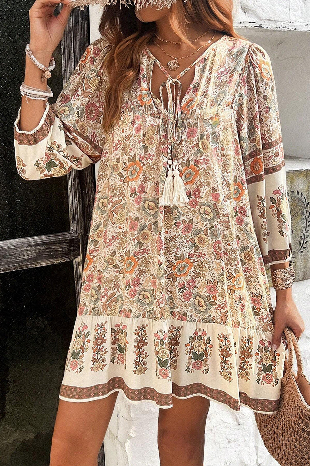 Apricot Floral Print Tassel Drawstring V Neck Loose Mini Dress-Dresses/Floral Dresses-[Adult]-[Female]-Apricot-S-2022 Online Blue Zone Planet