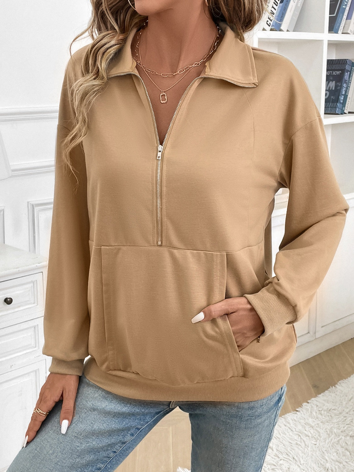 Half Zip Kangaroo Pocket Long Sleeve Sweatshirt-TOPS / DRESSES-[Adult]-[Female]-2022 Online Blue Zone Planet