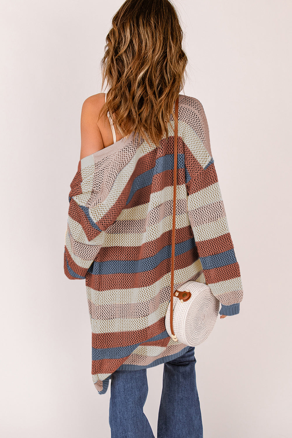 Blue Striped Color Block Hollowed Knit Cardigan-Sale (50% OFF)/30% OFF-[Adult]-[Female]-2022 Online Blue Zone Planet