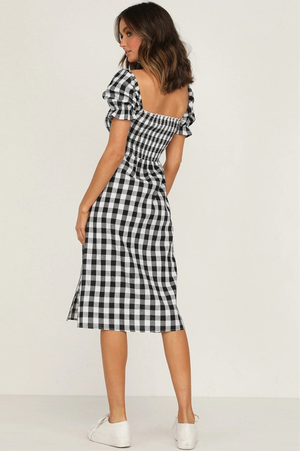 Full Size Slit Plaid Short Sleeve Midi Dress-TOPS / DRESSES-[Adult]-[Female]-2022 Online Blue Zone Planet