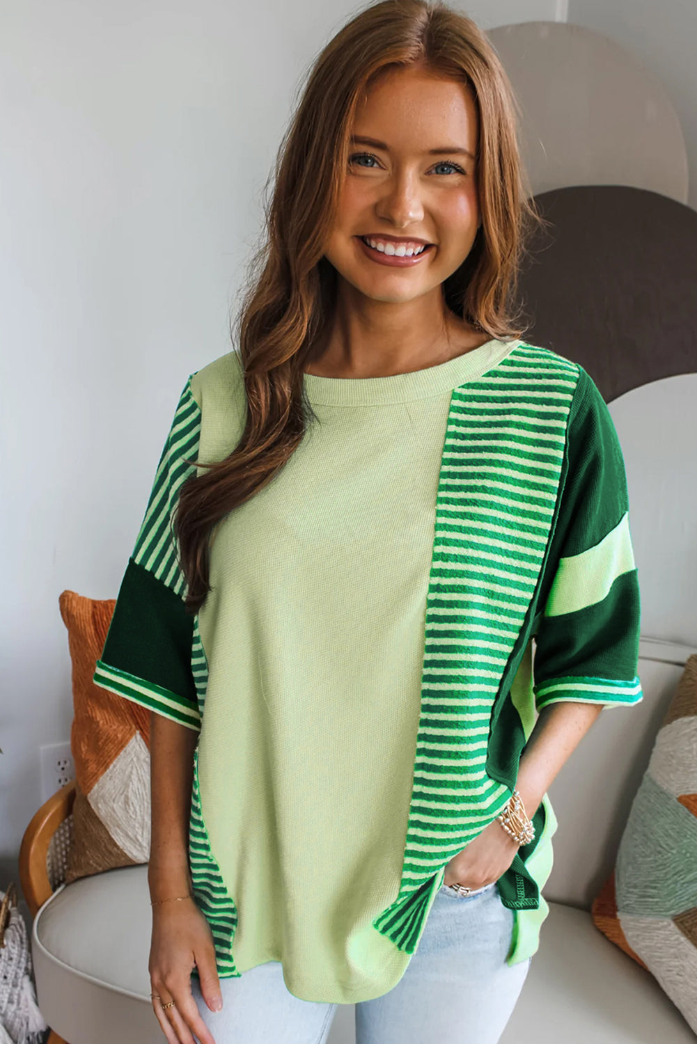 Mint Green Striped Patchwork Textured Colorblock 3/4 Sleeve Knit Top-Tops/Tops & Tees-[Adult]-[Female]-2022 Online Blue Zone Planet