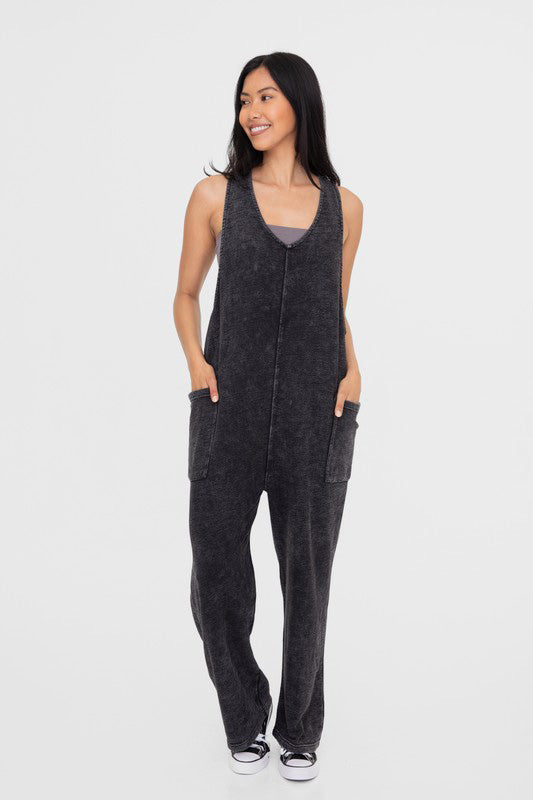 Blue Zone Planet | Mono B Mineral-Washed V Neck Overalls with Pockets-TOPS / DRESSES-[Adult]-[Female]-Black-S-2022 Online Blue Zone Planet