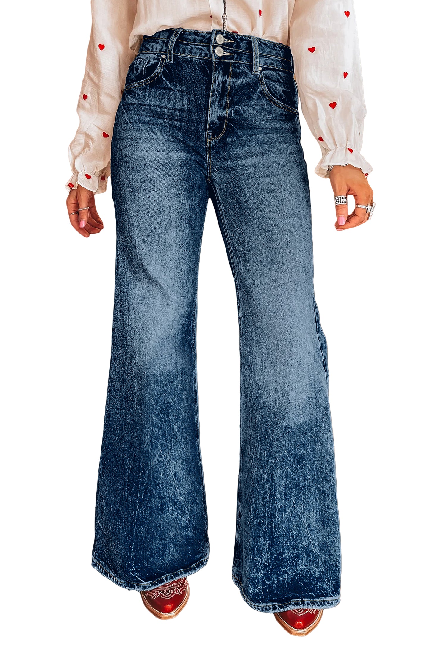 Sail Blue Acid Wash Pocket Detail Flare Jeans-Bottoms/Jeans-[Adult]-[Female]-2022 Online Blue Zone Planet
