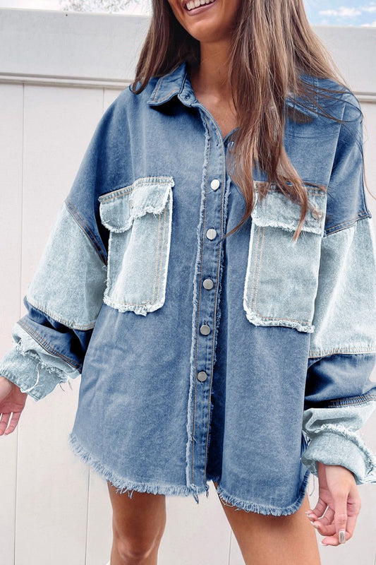 Raw Hem Color Block Denim Jacket-TOPS / DRESSES-[Adult]-[Female]-Medium-S-2022 Online Blue Zone Planet