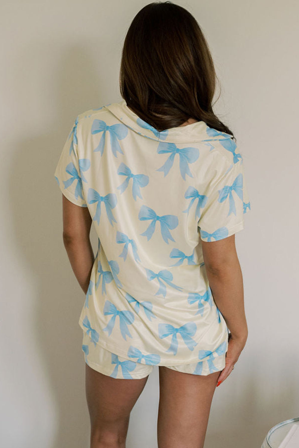 Blue Zone Planet |  Yellow Bow Printed Short Sleeve Shirt Shorts Pajama Set