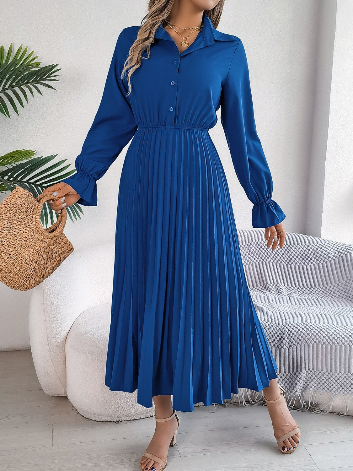 Blue Zone Planet | Pleated Half Button Long Sleeve Midi Dress-TOPS / DRESSES-[Adult]-[Female]-Royal Blue-S-2022 Online Blue Zone Planet