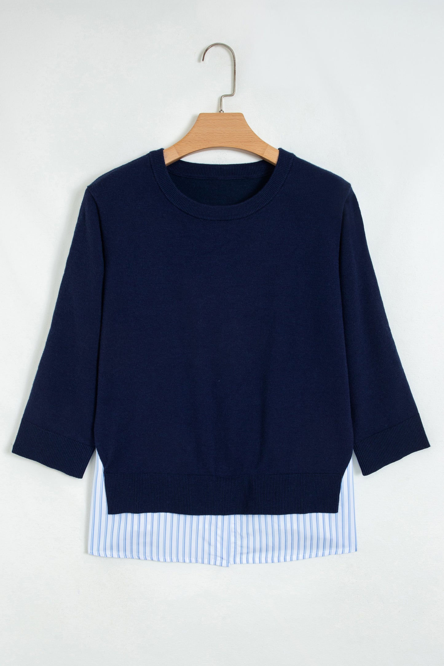 Navy Blue Drop Shoulder Long Sleeve Striped Pullover Sweater