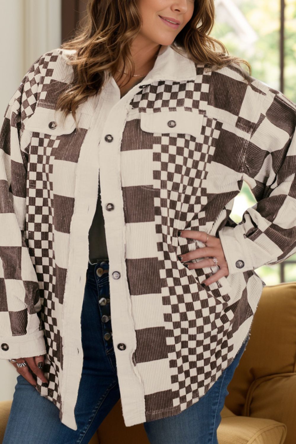 Plus Size Checkered Button Up Long Sleeve Jacket-TOPS / DRESSES-[Adult]-[Female]-Chocolate-1XL-2022 Online Blue Zone Planet