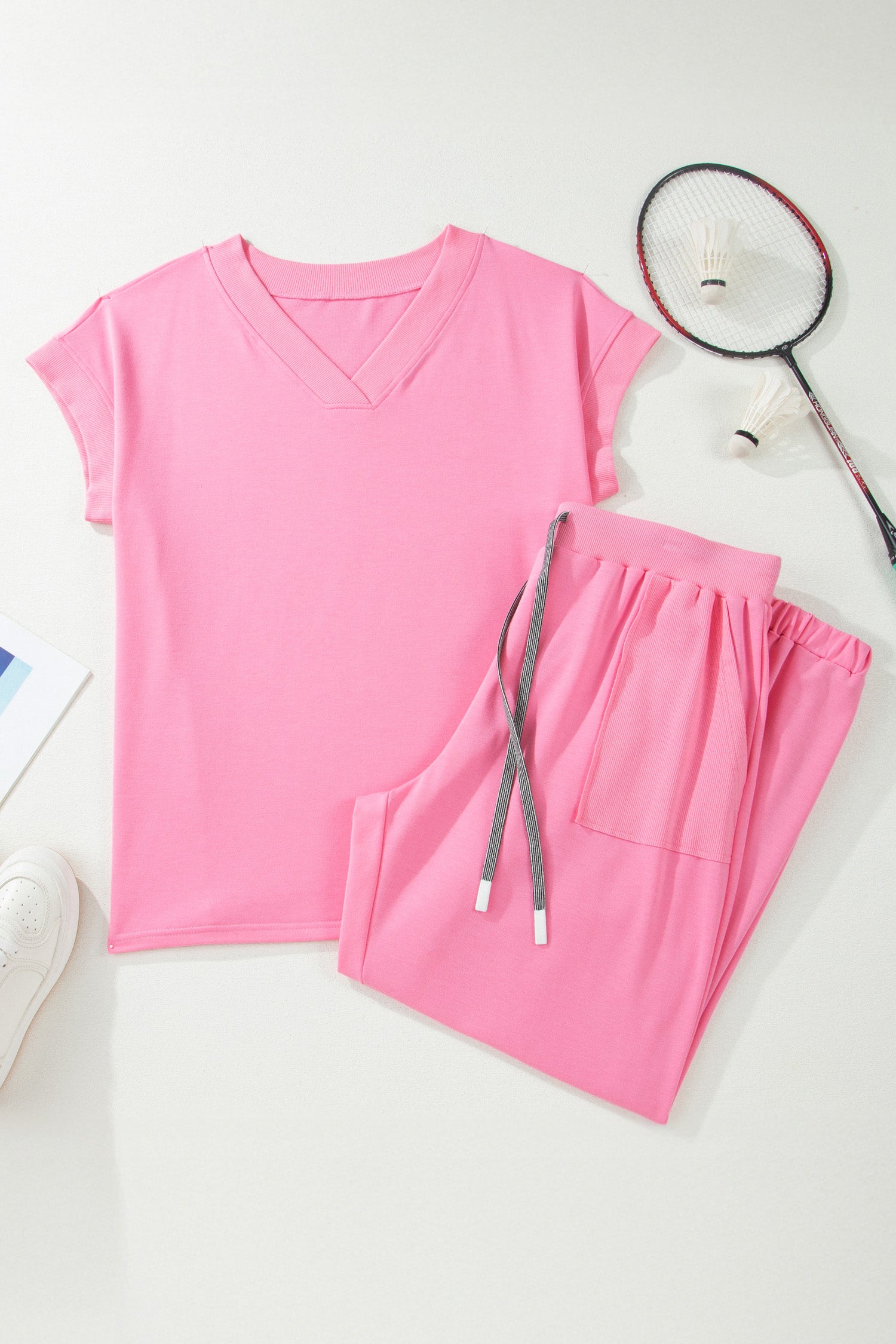 Bonbon Solid V-Neck Tee and Drawstring Plus Size Pants Set-Plus Size/Plus Size Loungewear-[Adult]-[Female]-2022 Online Blue Zone Planet