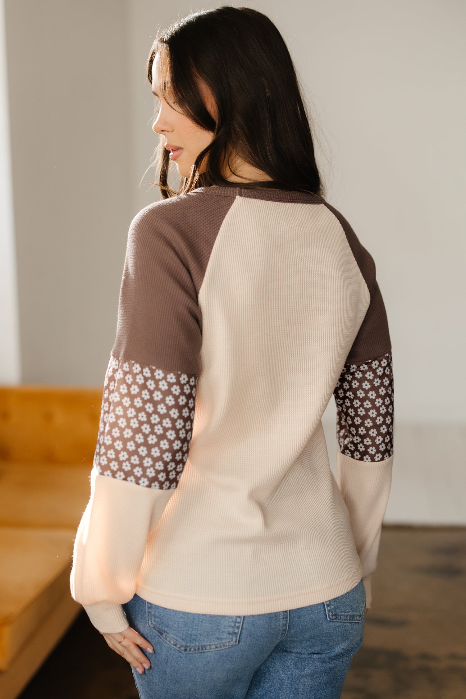 Brown Floral Print Patchwork Color Block Long Sleeve Top-Tops/Long Sleeve Tops-[Adult]-[Female]-2022 Online Blue Zone Planet