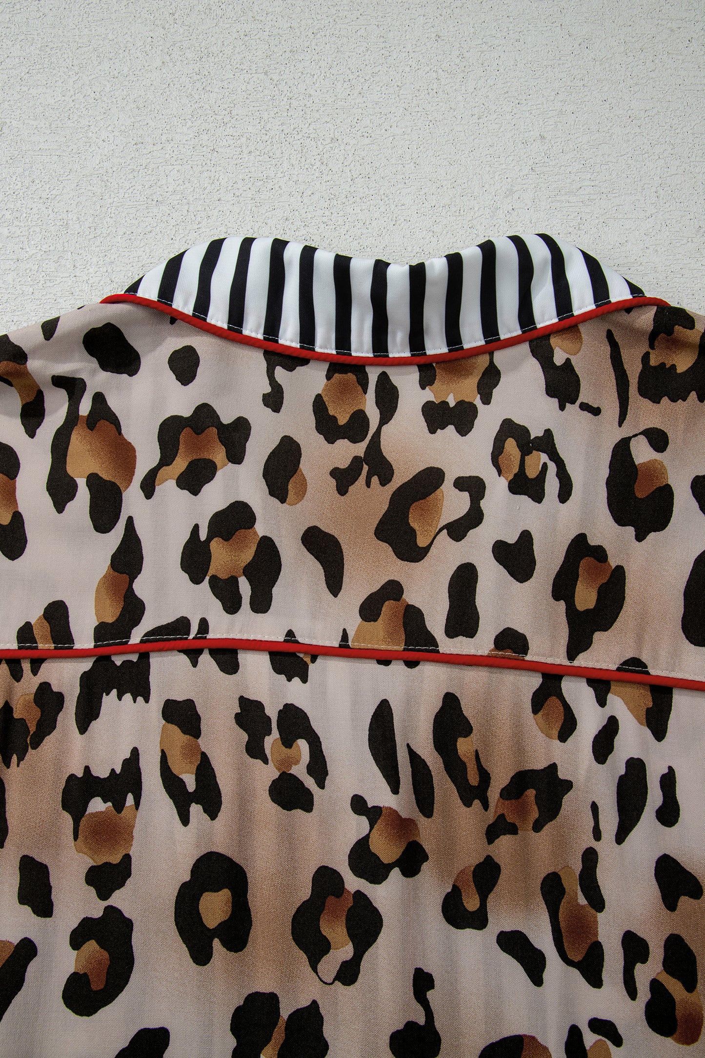 Khaki Plus Leopard Print Contrast Piping Striped Patchwork 2pcs Long Pajama Set-Plus Size/Plus Size Loungewear-[Adult]-[Female]-2022 Online Blue Zone Planet