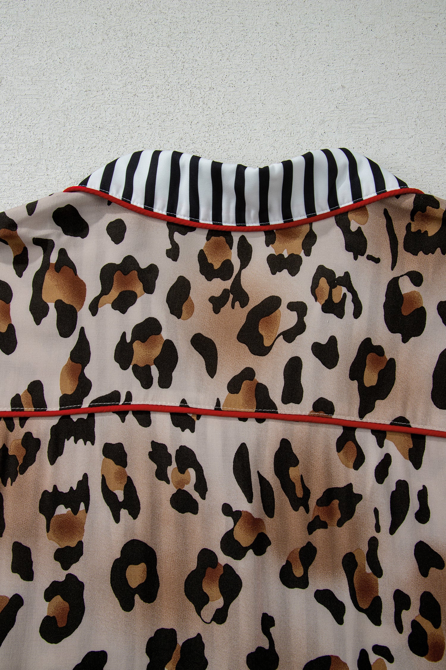 Khaki Plus Leopard Print Contrast Piping Striped Patchwork 2pcs Long Pajama Set-Plus Size/Plus Size Loungewear-[Adult]-[Female]-2022 Online Blue Zone Planet