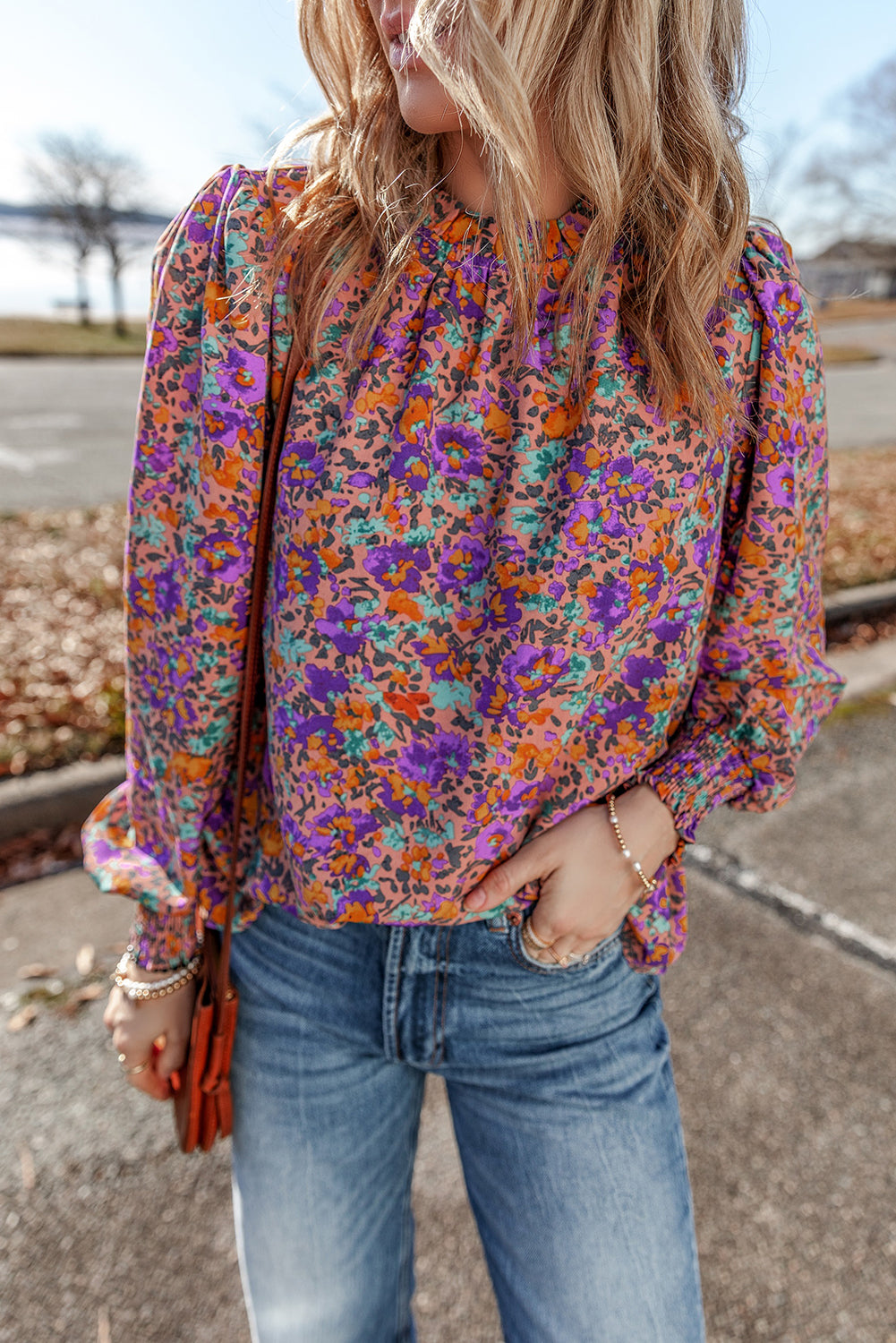 Purple Floral Allover Print Shirred Cuff Frilled O Neck Blouse-Tops/Blouses & Shirts-[Adult]-[Female]-Purple-S-2022 Online Blue Zone Planet