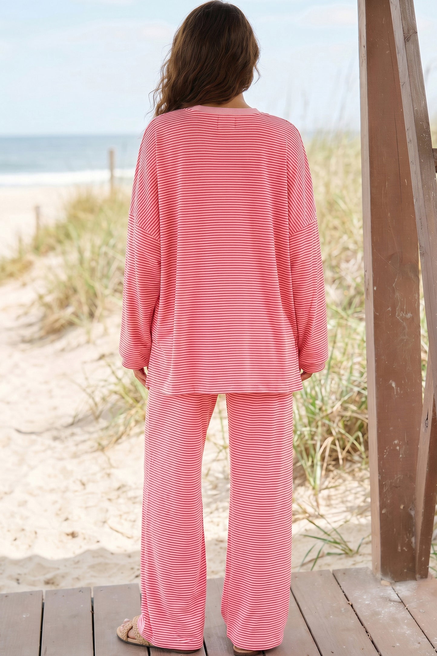Pink Striped Drop Shoulder Long Sleeve Pant Set-Two Piece Sets/Pant Sets-[Adult]-[Female]-2022 Online Blue Zone Planet