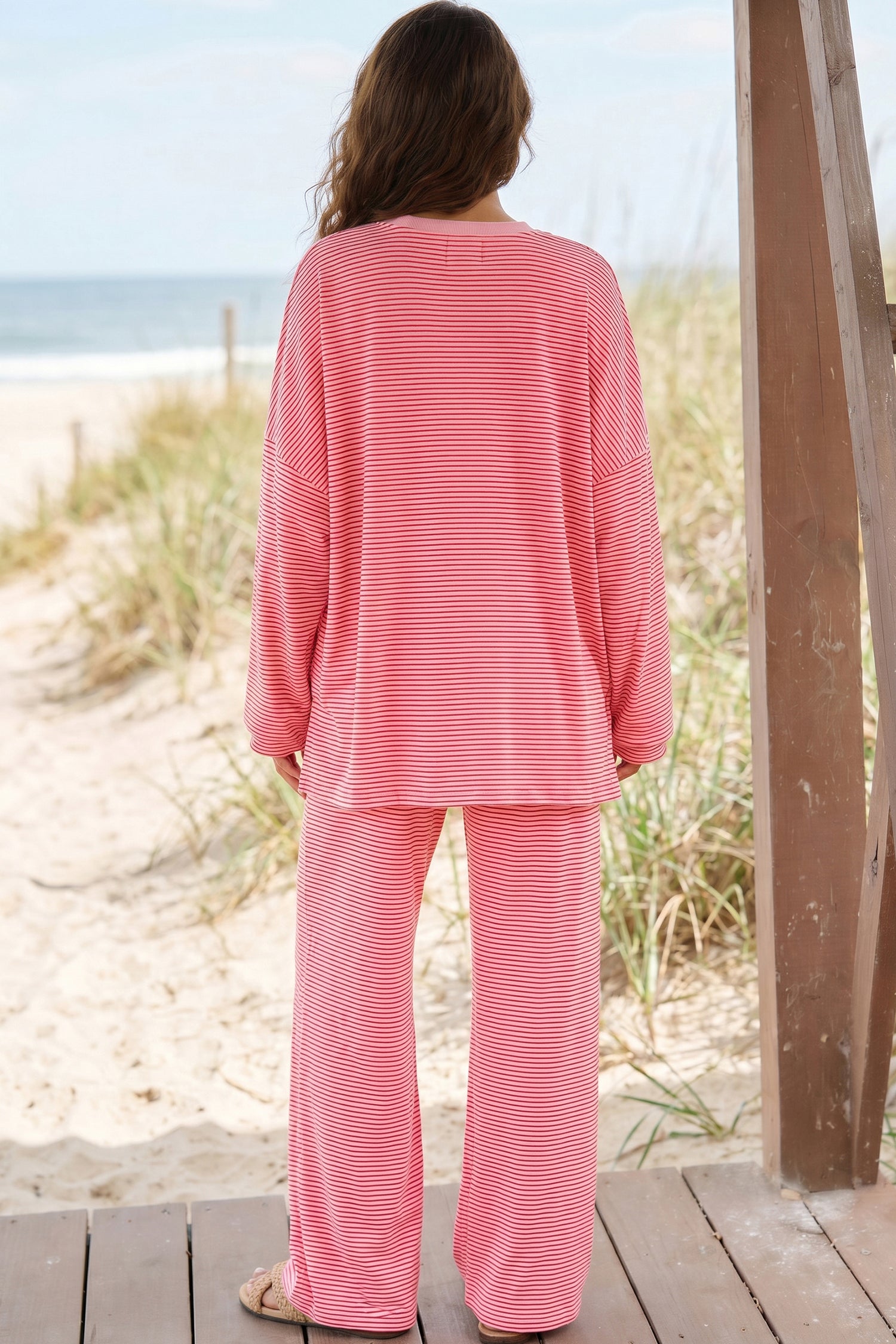 Pink Striped Drop Shoulder Long Sleeve Pant Set-Two Piece Sets/Pant Sets-[Adult]-[Female]-2022 Online Blue Zone Planet