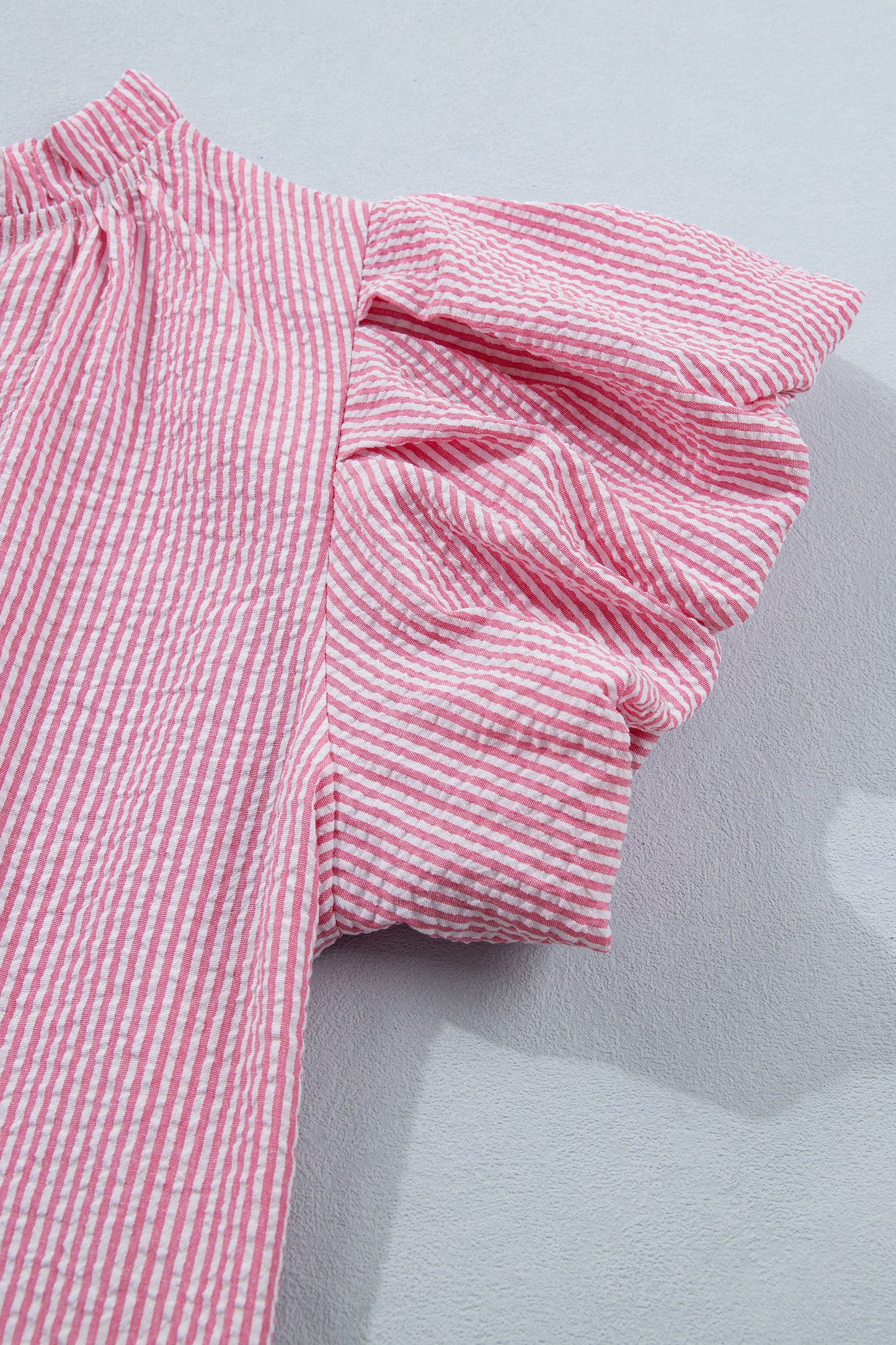 Rose Stripe Short Bubble Sleeve Split V Neck Blouse-Tops/Blouses & Shirts-[Adult]-[Female]-2022 Online Blue Zone Planet