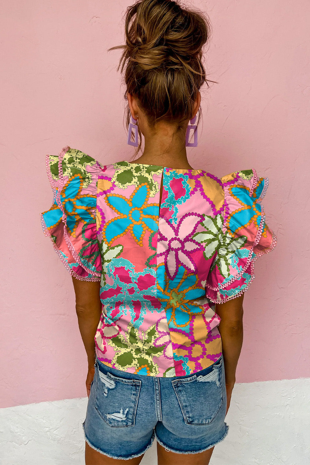 Multicolor Vibrant Floral Print Trimmed Ruffle Sleeve Blouse-Tops/Blouses & Shirts-[Adult]-[Female]-2022 Online Blue Zone Planet