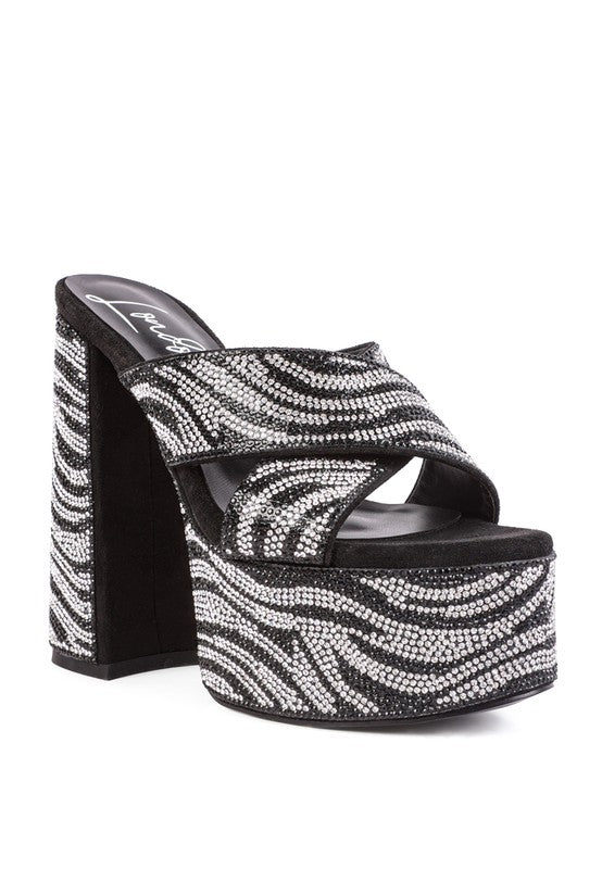 Blue Zone Planet | HANNAH'S HIGH PLATFORM PATTERNED DIAMANTE SLIDES-SHOES-[Adult]-[Female]-Black-5-2022 Online Blue Zone Planet