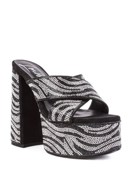 Blue Zone Planet | HANNAH'S HIGH PLATFORM PATTERNED DIAMANTE SLIDES-SHOES-[Adult]-[Female]-Black-5-2022 Online Blue Zone Planet