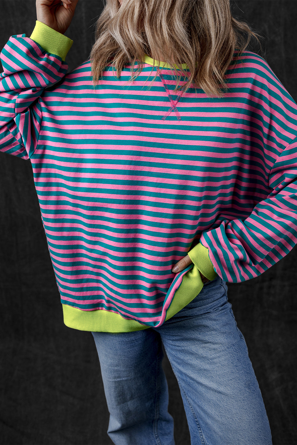 Sky Blue Stripe Oversized Contrast Trim Pullover Sweatshirt-Tops/Sweatshirts & Hoodies-[Adult]-[Female]-2022 Online Blue Zone Planet