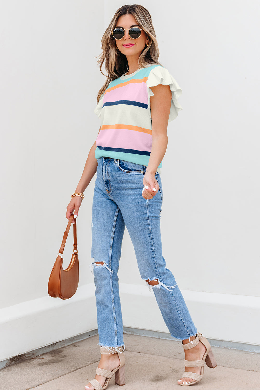 Multicolour Striped Color Block Flutter Sleeve Patchwork Sweater Top-TOPS / DRESSES-[Adult]-[Female]-2022 Online Blue Zone Planet