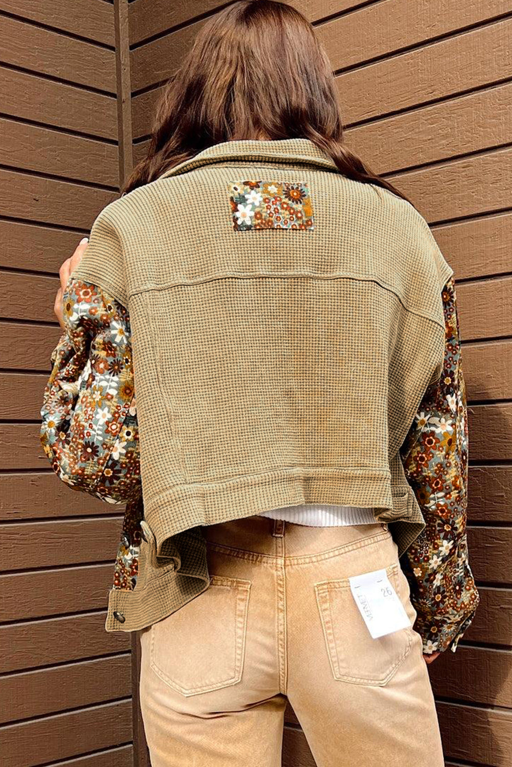 Khaki Waffle Knit Floral Print Patchwork Button up Jacket-Outerwear/Jackets-[Adult]-[Female]-2022 Online Blue Zone Planet