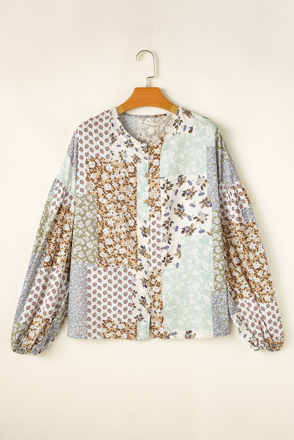 Multicolor Floral Patchwork Print Long Puff Sleeve Shirt-Tops/Blouses & Shirts-[Adult]-[Female]-2022 Online Blue Zone Planet