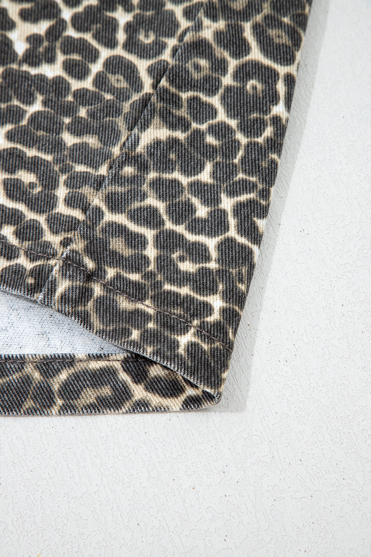 Gray Vintage Leopard Print Short Sleeve Loose Cotton Denim Shirt-Tops/Blouses & Shirts-[Adult]-[Female]-2022 Online Blue Zone Planet