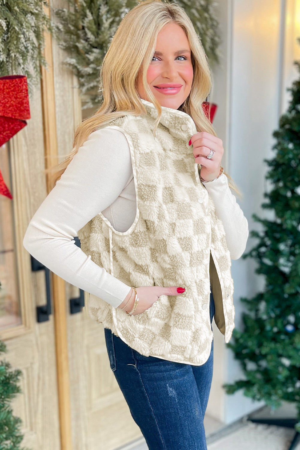 Khaki Sherpa Checkerboard Snap Button Vest Jacket With Pocket-Outerwear/Vests-[Adult]-[Female]-2022 Online Blue Zone Planet