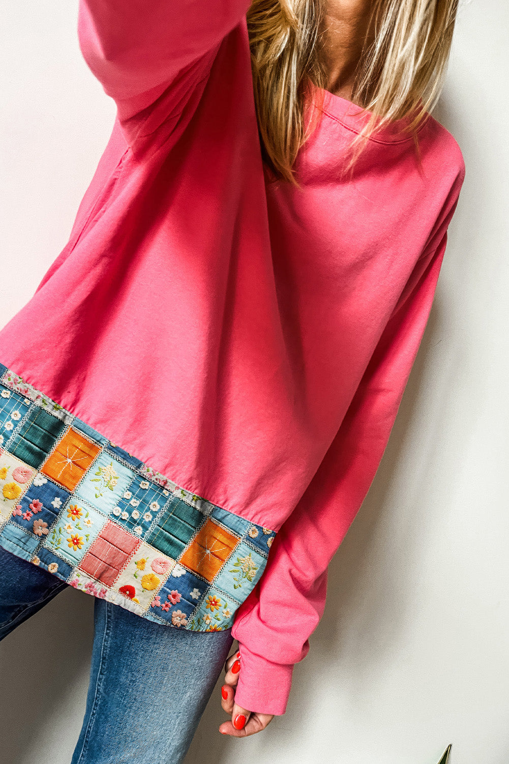 Strawberry Pink Floral Hemline Patchwork Round Neck Casual Top-Tops/Long Sleeve Tops-[Adult]-[Female]-2022 Online Blue Zone Planet