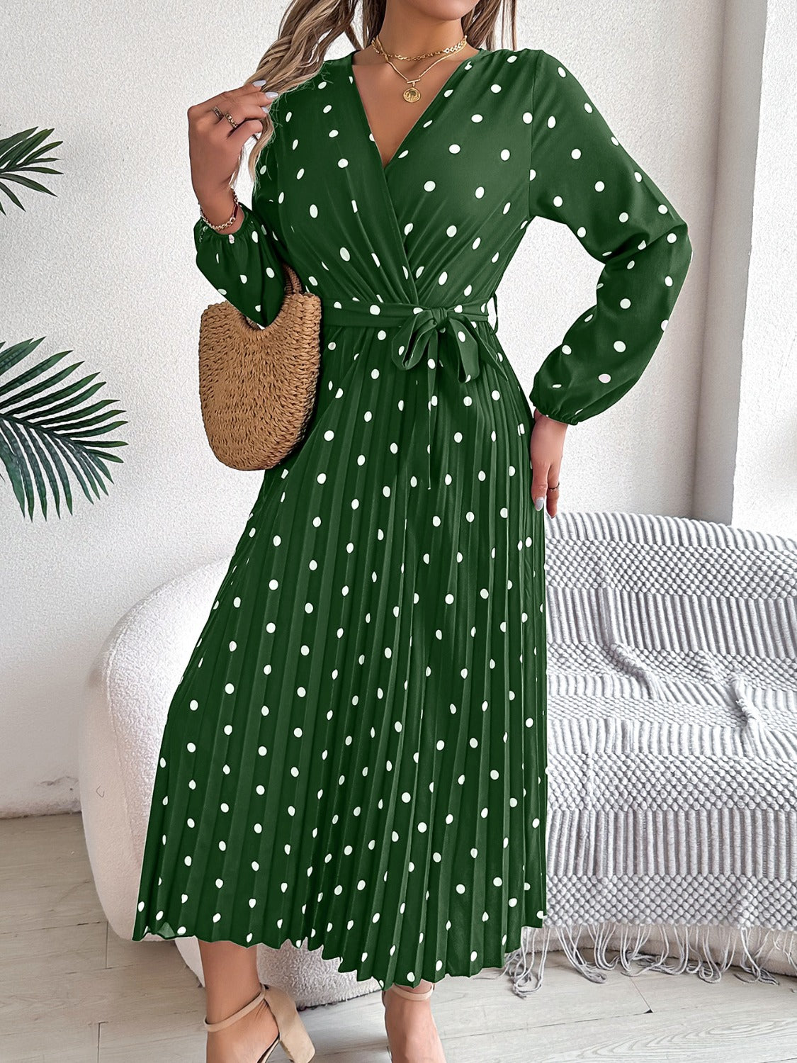 Blue Zone Planet | Tied Polka Dot Long Sleeve Midi Dress-TOPS / DRESSES-[Adult]-[Female]-2022 Online Blue Zone Planet