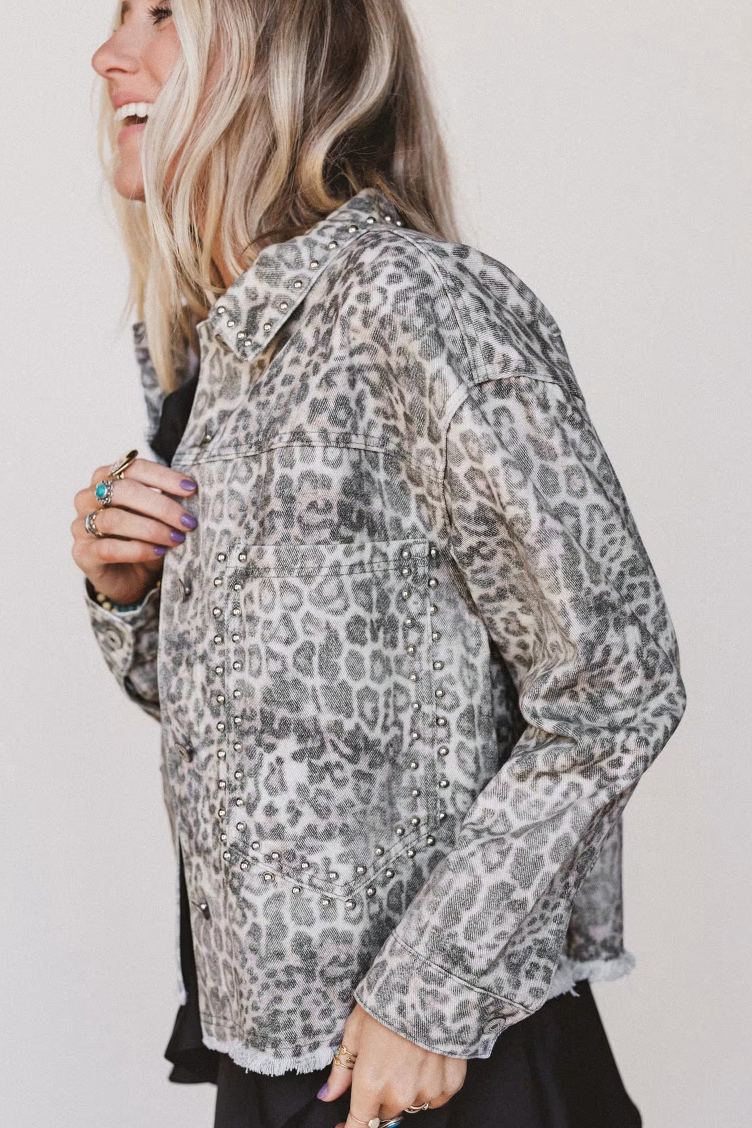 Khaki Leopard Print Studded Collar Studded Patch Pocket Denim Jacket-Outerwear/Denim jackets-[Adult]-[Female]-2022 Online Blue Zone Planet