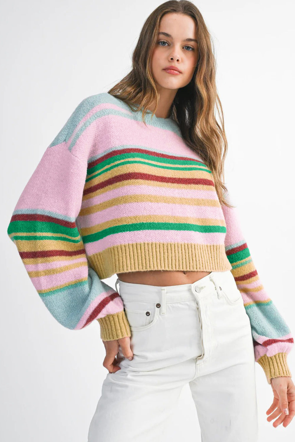 Multicolour Striped Knit Ribbed Trim Boxy Fit Cropped Sweater-Sweaters & Cardigans/Sweaters-[Adult]-[Female]-2022 Online Blue Zone Planet
