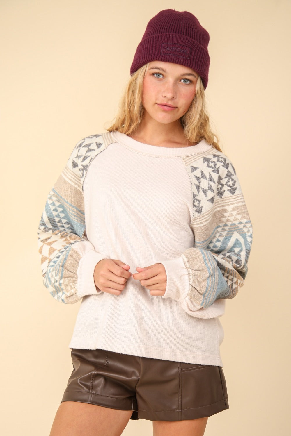 VERY J Printed Long Sleeve Round Neck Knit Top-[Adult]-[Female]-Cream-S-2022 Online Blue Zone Planet