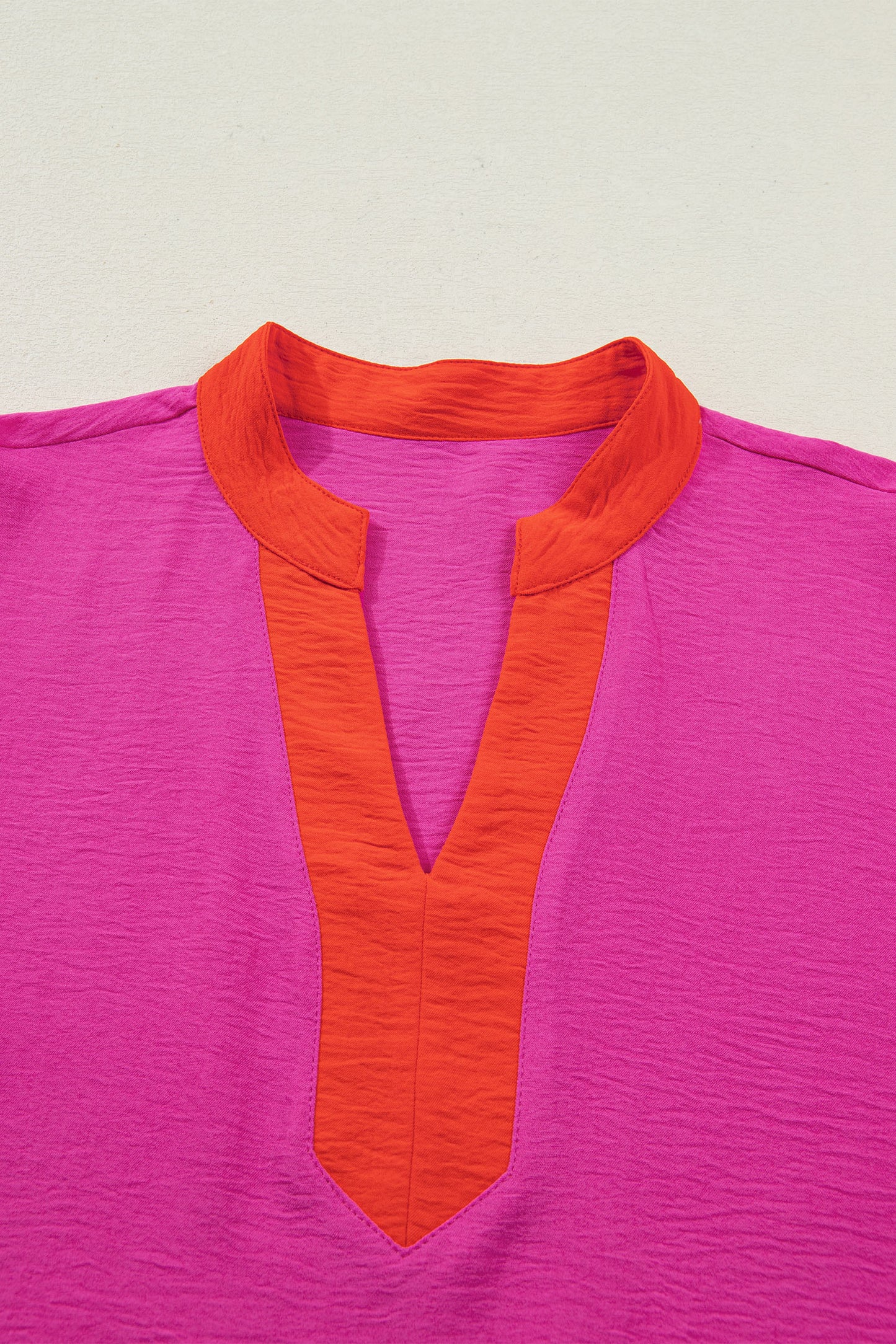 Rose Red Contrast V Neck Colorblock Wide Short Sleeve Top-Tops/Blouses & Shirts-[Adult]-[Female]-2022 Online Blue Zone Planet