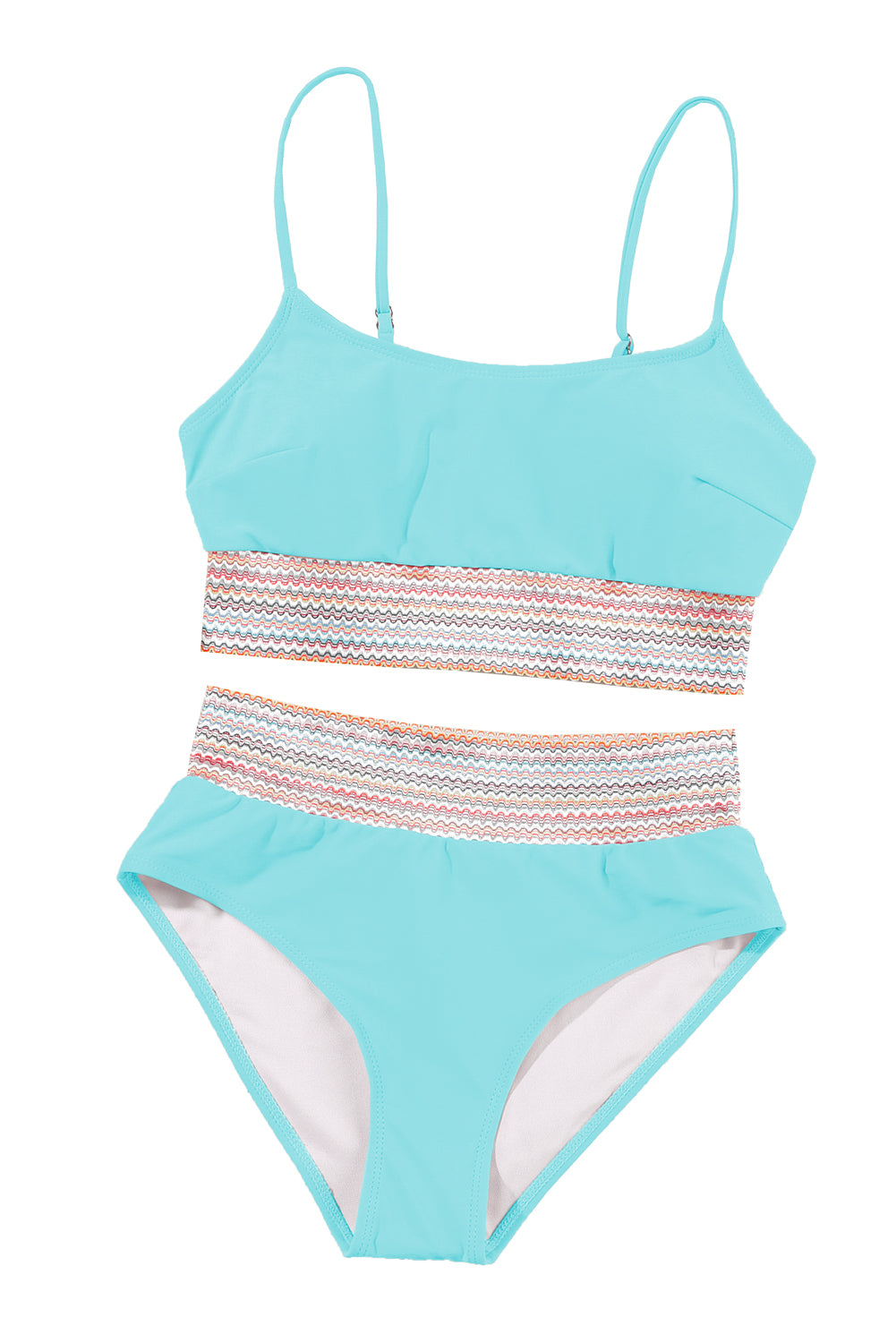 Blue Zone Planet |  Sky Blue Striped Patchwork Spaghetti Strap High Waist Bikini Swimsuit Blue Zone Planet