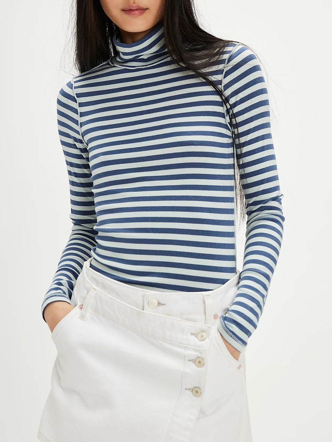 Exposed Seam Striped Turtleneck Long Sleeve T-Shirt-TOPS / DRESSES-[Adult]-[Female]-Blue/white-S-2022 Online Blue Zone Planet