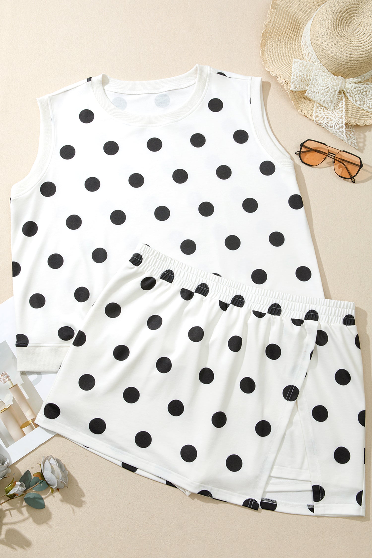 White Plus Size Polka Dot Printed Tank Split Skort 2pcs Outfit-Plus Size/Plus Size Loungewear-[Adult]-[Female]-2022 Online Blue Zone Planet