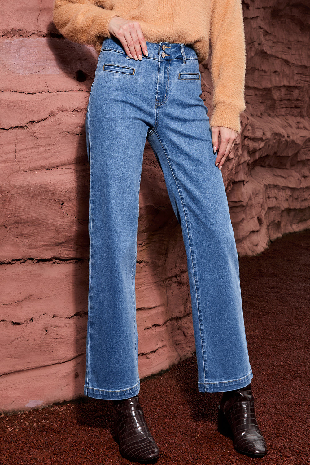 Light Blue Double Button High Rise Straight Leg Jeans-Bottoms/Jeans-[Adult]-[Female]-2022 Online Blue Zone Planet
