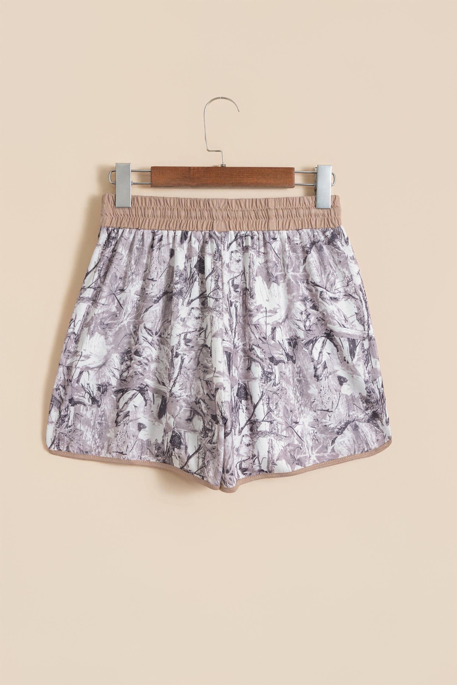 Khaki Camo Woodland Print Drawstring Active Shorts-Bottoms/Casual Shorts-[Adult]-[Female]-2022 Online Blue Zone Planet