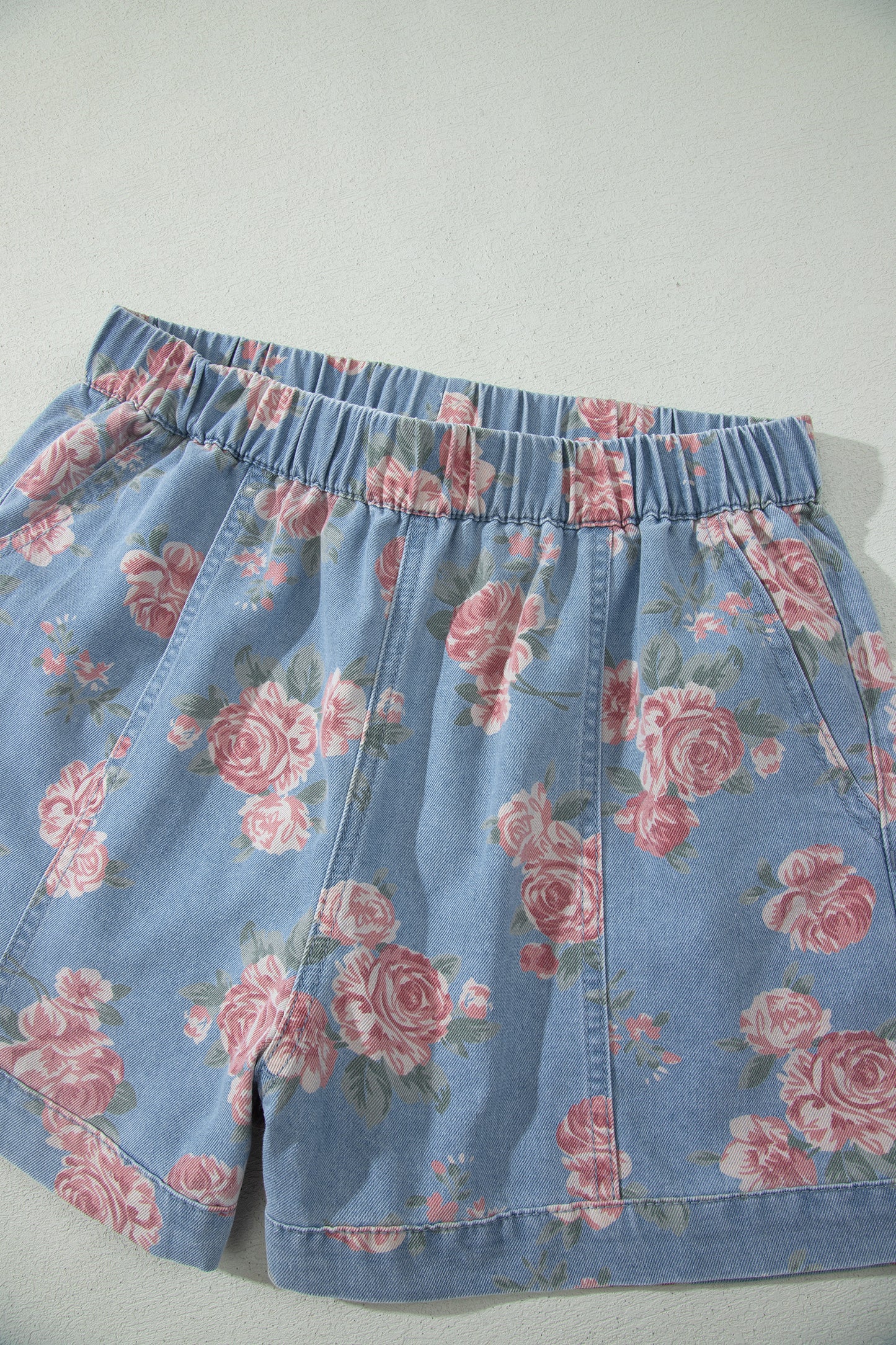 Sky Blue Floral Denim Short Sleeve Top Loose Shorts 2pcs Set-Two Piece Sets/Short Sets-[Adult]-[Female]-2022 Online Blue Zone Planet