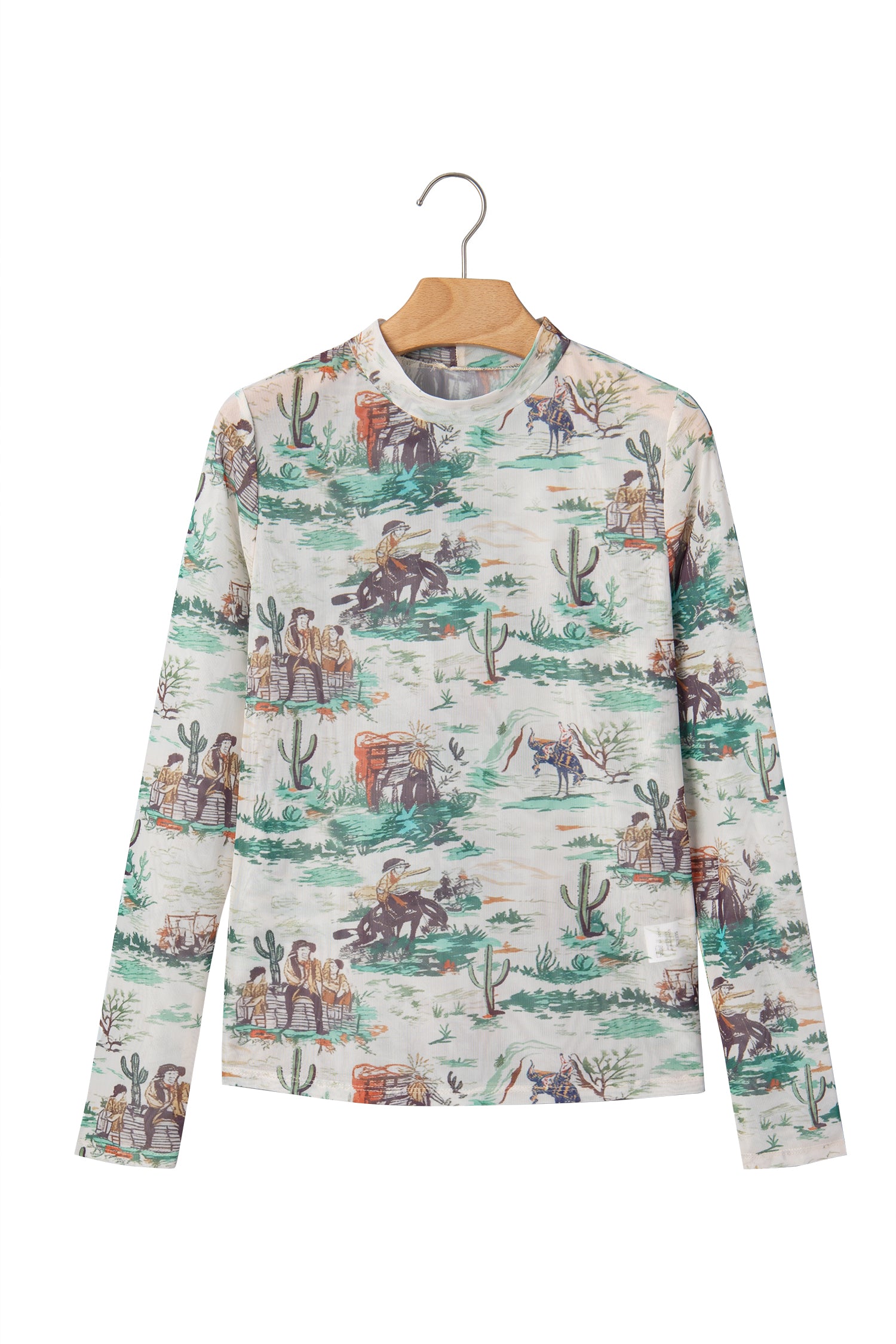 Green Western Print Long Sleeve Round Neck Slim Top-Tops/Long Sleeve Tops-[Adult]-[Female]-2022 Online Blue Zone Planet