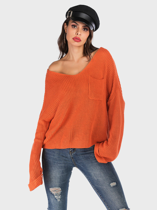 Blue Zone Planet | Perfee V-Neck Dropped Shoulder Long Sleeve Sweater-TOPS / DRESSES-[Adult]-[Female]-Orange-S-2022 Online Blue Zone Planet