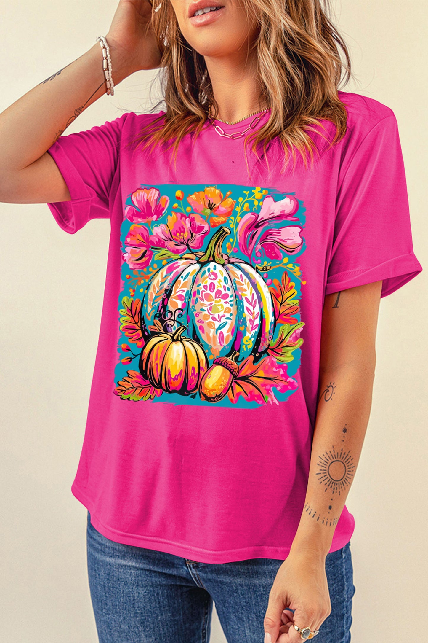 Rose Red Floral Pumpkin Graphic Print Crewneck Relaxed T-Shirt