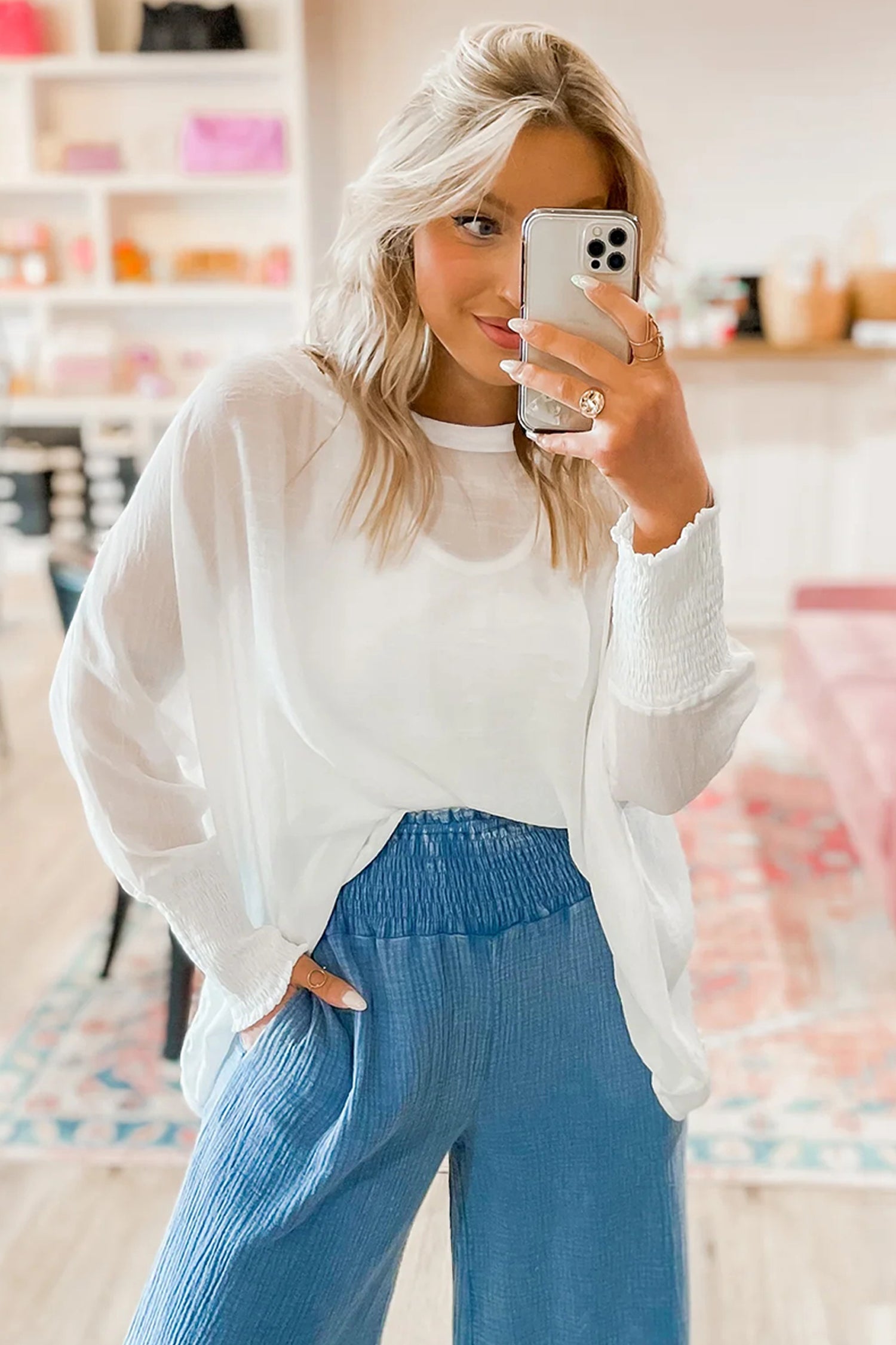 White Smocked Cuffs Semi Sheer Long Sleeve Dolman Blouse-Tops/Blouses & Shirts-[Adult]-[Female]-2022 Online Blue Zone Planet
