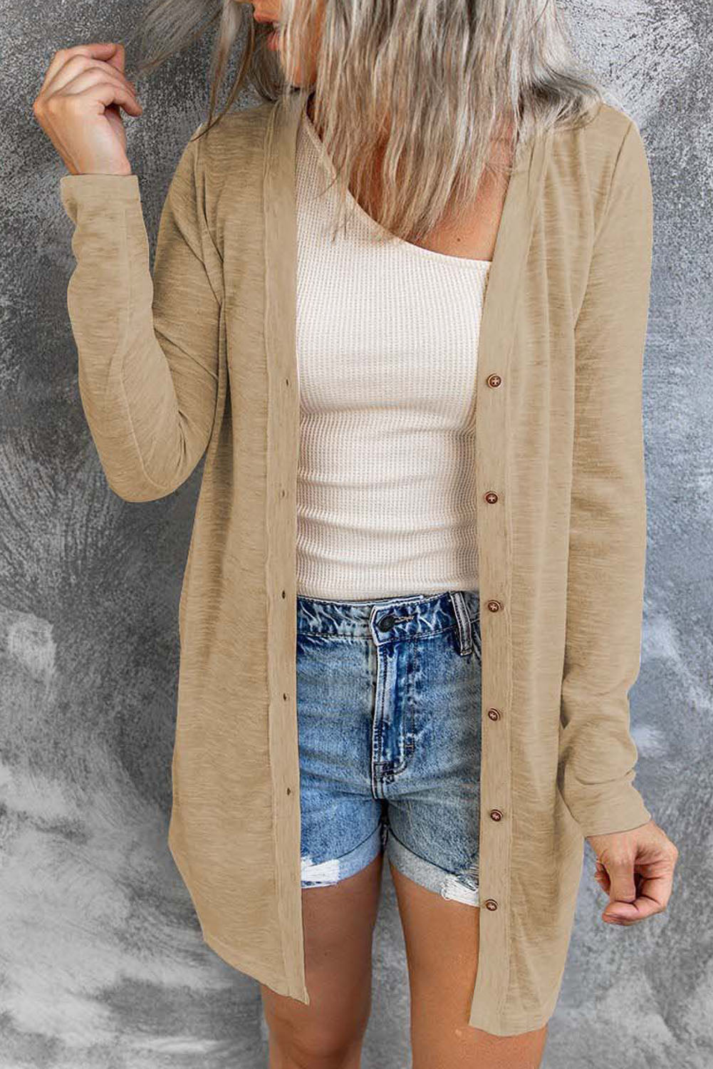Solid Color Open-Front Buttons Cardigan-Sweaters & Cardigans/Cardigans-[Adult]-[Female]-Brown-S-2022 Online Blue Zone Planet