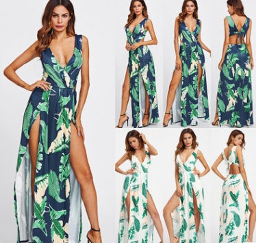 Cindy's Botanical Print Slit Backless V-Shaped Nightclub Maxi Dress
