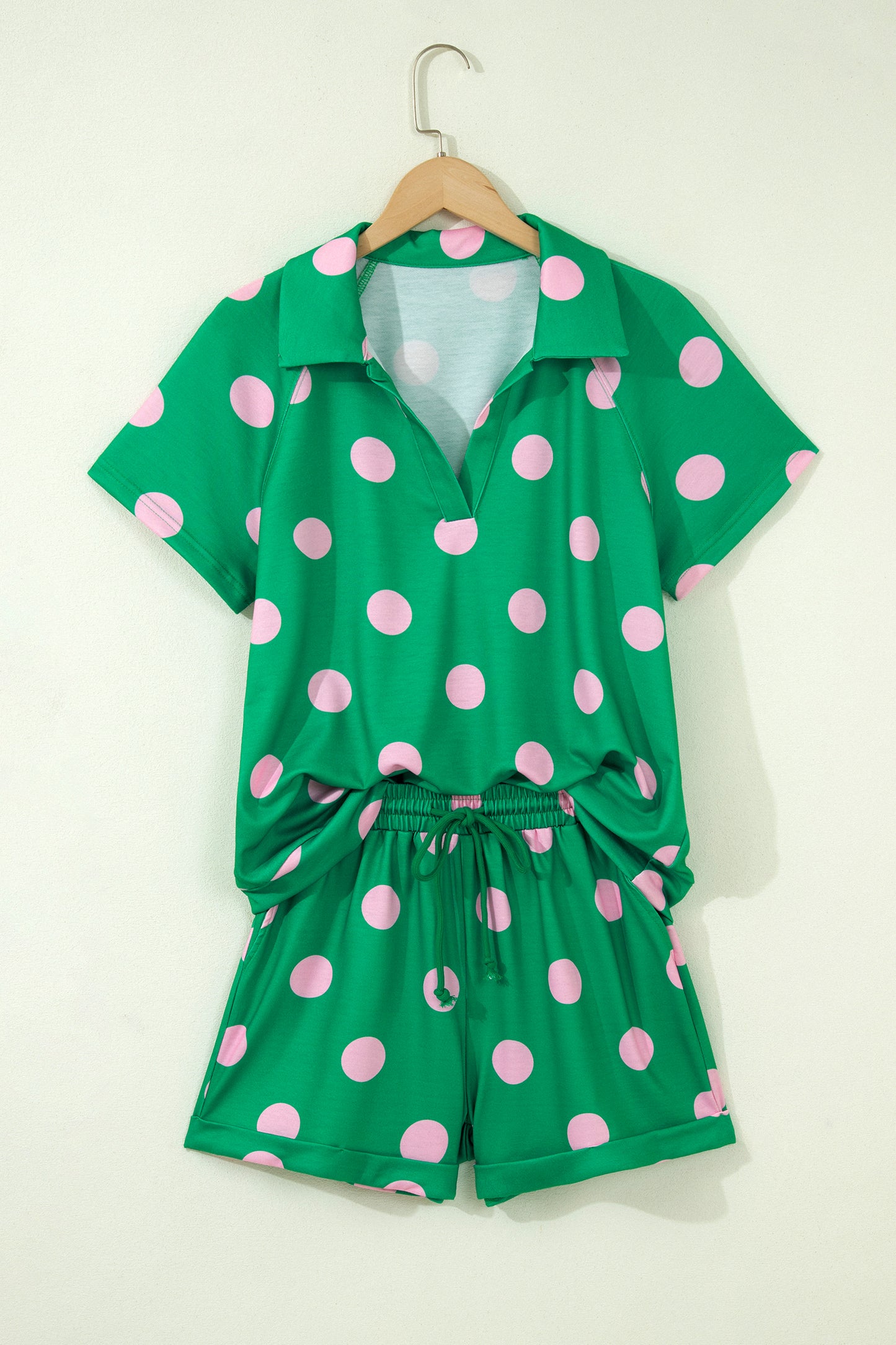 Beige Polka Dot Print V Neck Tee Short Set-Two Piece Sets/Short Sets-[Adult]-[Female]-2022 Online Blue Zone Planet