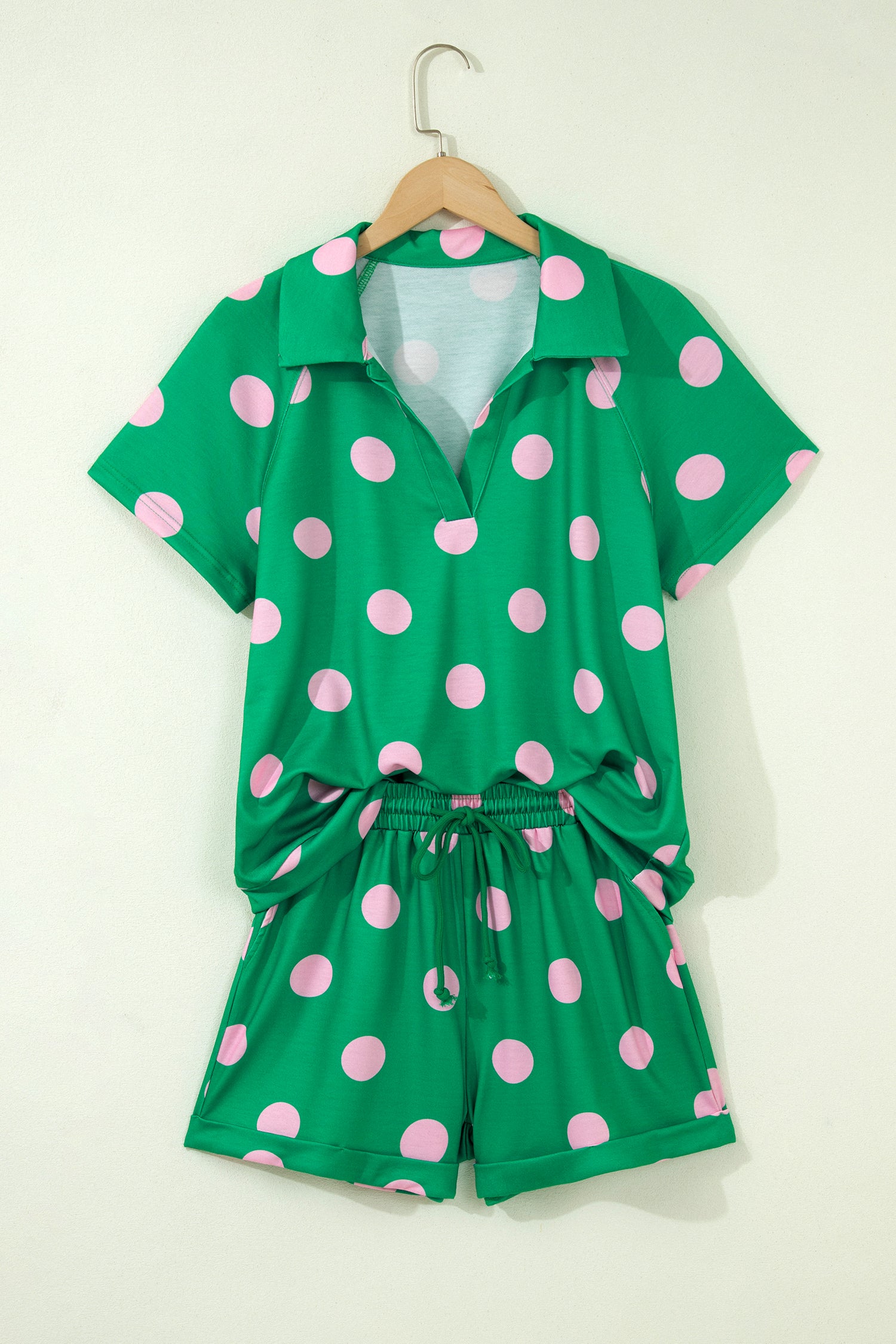 Beige Polka Dot Print V Neck Tee Short Set-Two Piece Sets/Short Sets-[Adult]-[Female]-2022 Online Blue Zone Planet